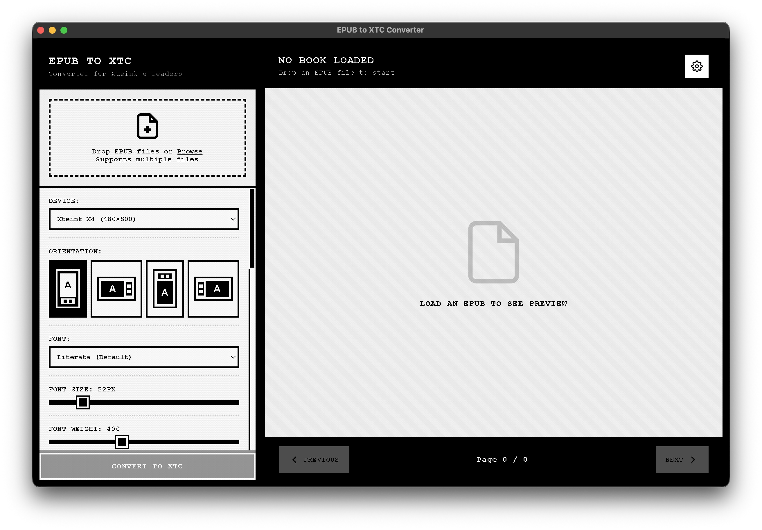 EPUB to XTC Converter app interface showing the Paperweight theme